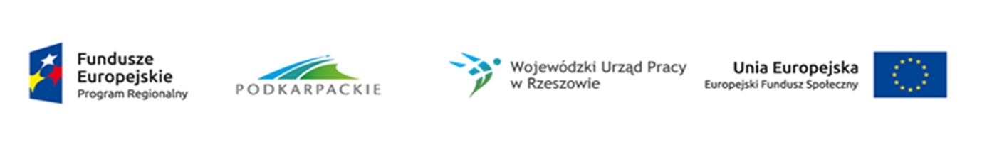 Logotypy Fundusze Europejskie Program Regionalny, Województwa Podkarpackiego, Wojewódzkiego Urzędu Pracy w Rzeszowie i Unii Europejskiej Europejski Fundusz Społeczny